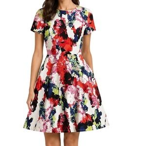 Milly for DesigNation Red Blue Combo Floral Fit and Flare Dress Women's 6